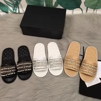 

Koovan Women's Slipper Women's Outer Wear 2020 New Summer Chain Flat-Bottomed Beach Shoes Pearl Sandals Summer Trend