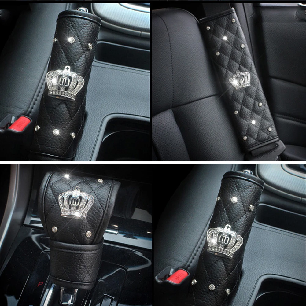 Universal Car Seat Belt Cover Hand Brake Gear Cover Shoulder Protection Set Rhinestones Leather Belt Sheath For All Cars hand brake cover,gear head cover