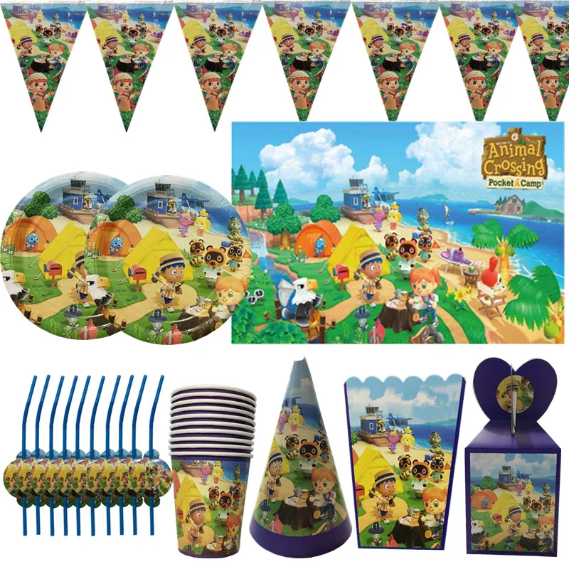 Suministros de fiesta de Animal crossing, decoración de Cumpleaños de Niños, vajilla desechable, platos de papel, vasos, Pancarta, decoración para Baby Shower y Niña