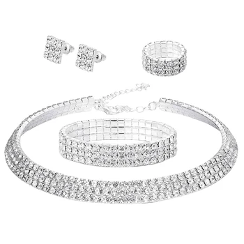 

Rhinestone Jewelry Set Women's Crystal Bracelet Necklace and Earring Set Adjustable 4-Piece Set