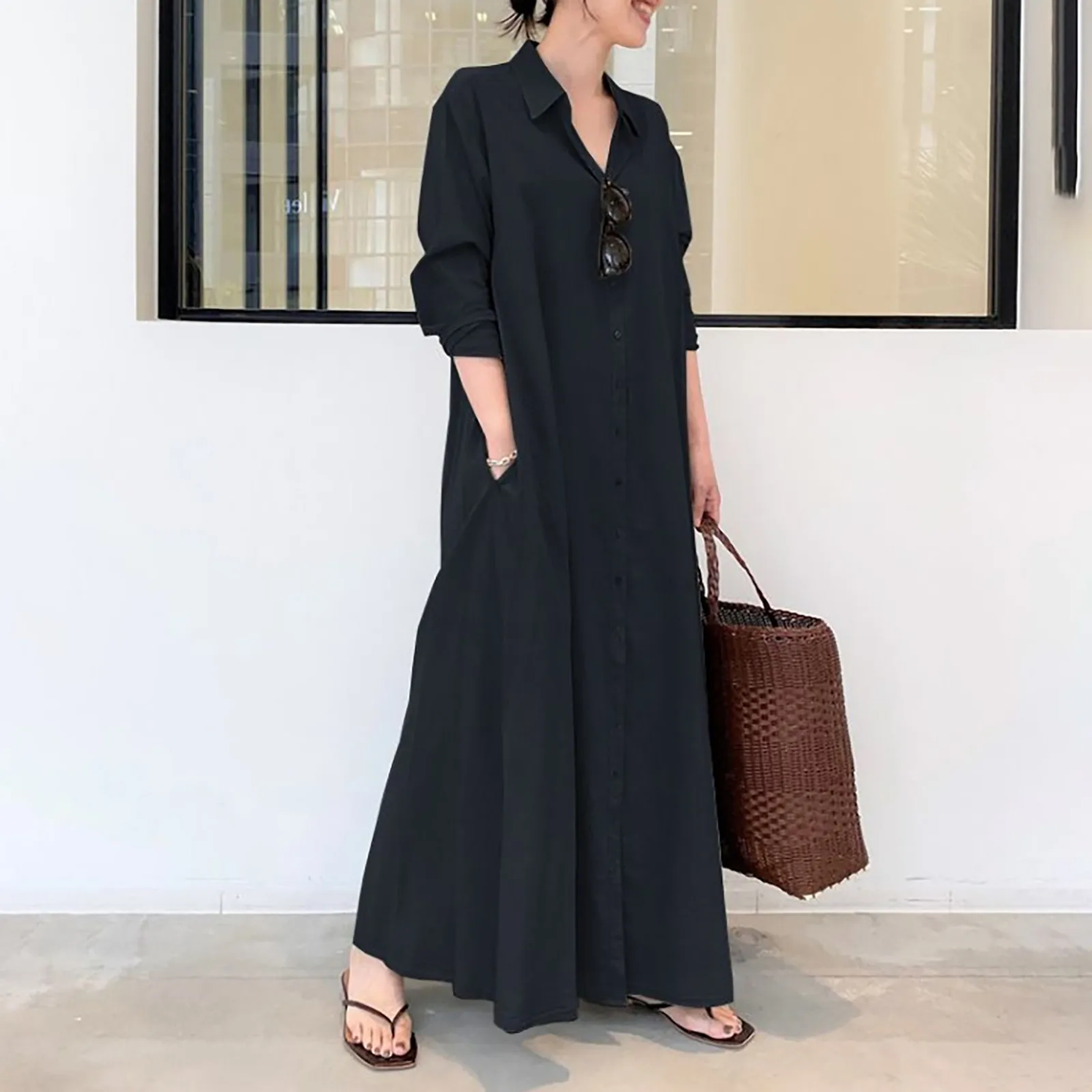 Long Dress Autumn Women Casual Long Sleeve Shirt Dress Pocket Solid Color Button Neck Shirt Ankle Dress Casual Loose Vestido 2