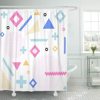 

Blue Chaotic Memphis Style Hipster with Geometric Shapes Colorful Circle Bathroom Curtain Waterproof Polyester Fabric 72 x 72
