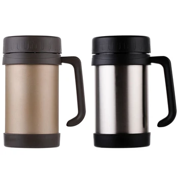 

2x 500Ml/17Oz Thermo Mug Stainless Steel Vacuum Flasks with Handle Thermo Cup Office Thermoses Gold & Black+Silver