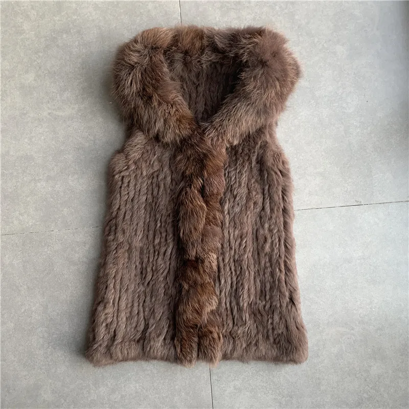 QC01 Женский натуральный мех кролика жилет/куртки кролик вязаный зимний теплый жилет - Цвет: brown
