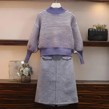 

Fashion Autumn Winter Knitted Two Piece Set Sashes Turtlneck Stripe Pullover Sweater And Midi Wool Skirt Suit Women's Set