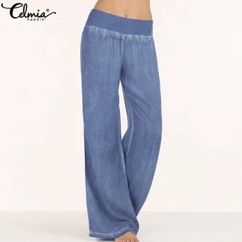 

Celmia 2020 Women Autumn High Waist Pants Ladies Denim Wide Leg Pants Solid Casual Loose Jeans Long Trousers Plus Size Pantalon