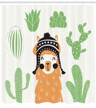 

Llama Shower Curtain Llama in a Traditional Ethnic Bolivian Hat Smiling Comic on Polka Dots Illustration Fabric Bathroom Decor