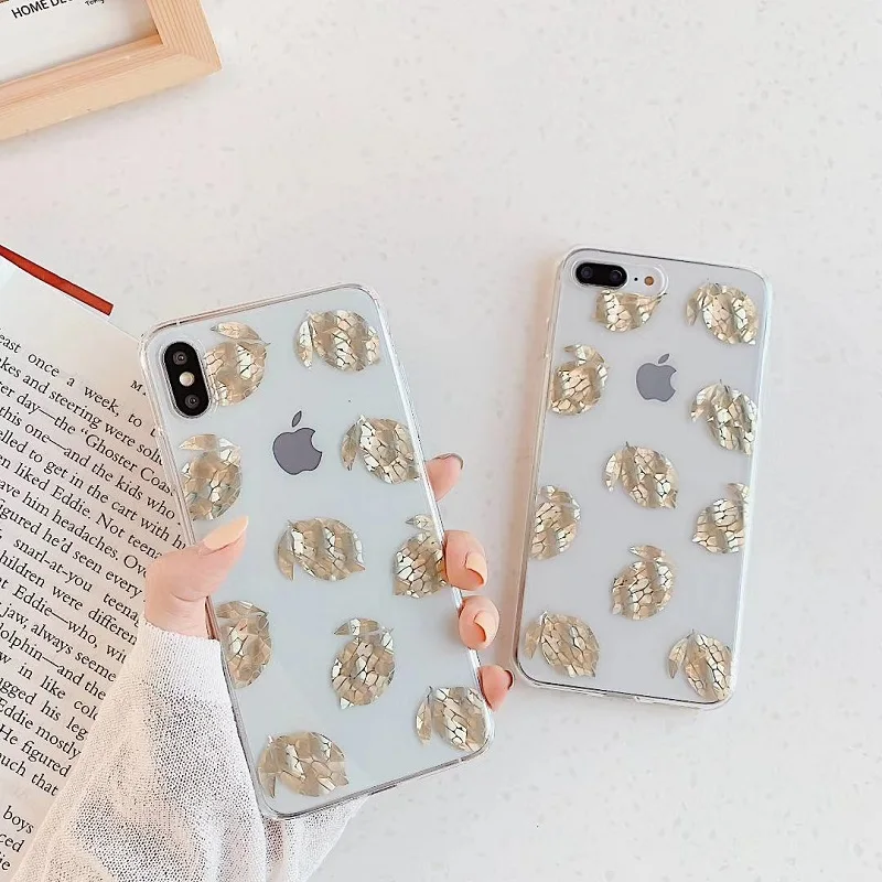 

Summer Tropical Fruits Lemon pineapple Cover For fundas iphone x xs max 6s 6 7 8 plus Gold Foil Crystal Clear Soft TPU Case