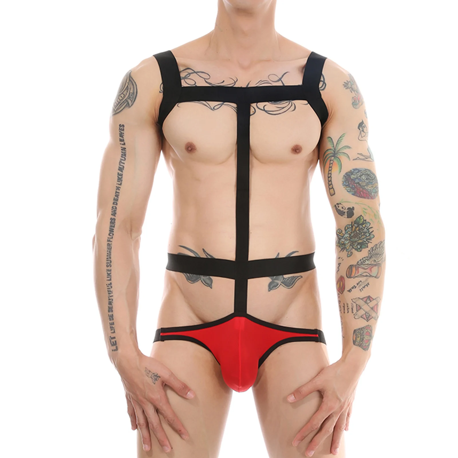 CLEVER-MENMODE Men's Sexy Strap Underwear Bodysuit Bondage Ice Silk Thong Jockstrap One-Piece Body Harness Costume Lingerie