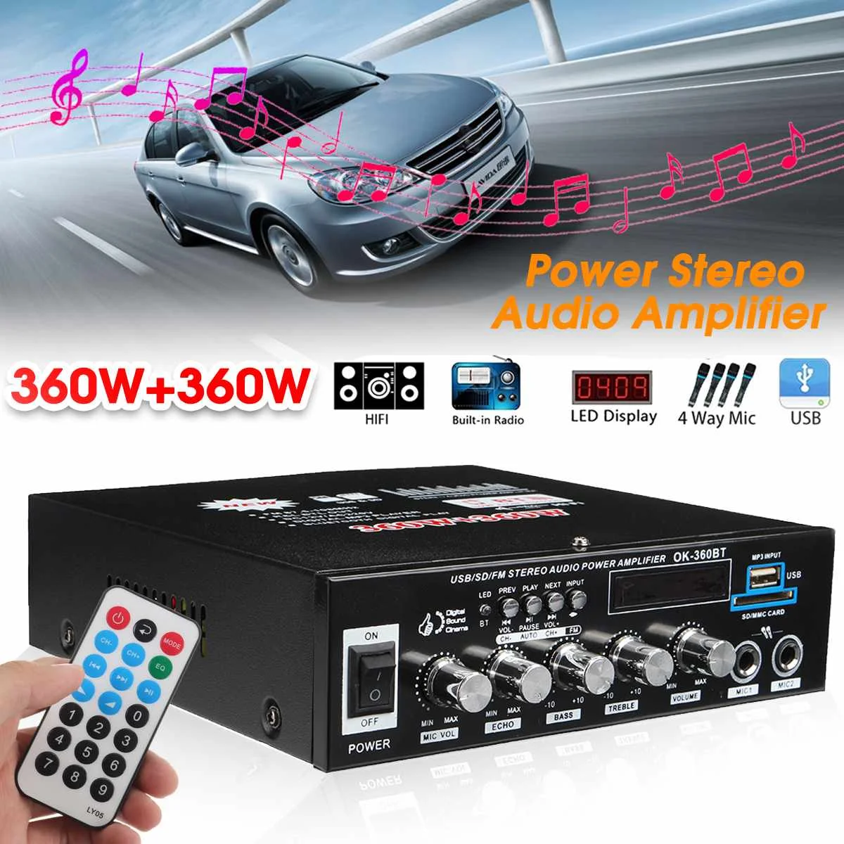 

360W+360W Home Car Mini 220V/12V bluetooth Audio Stereo Amplifier Hifi USB FM SD MIC Home KTV Cinema Theater w/ Remote Control