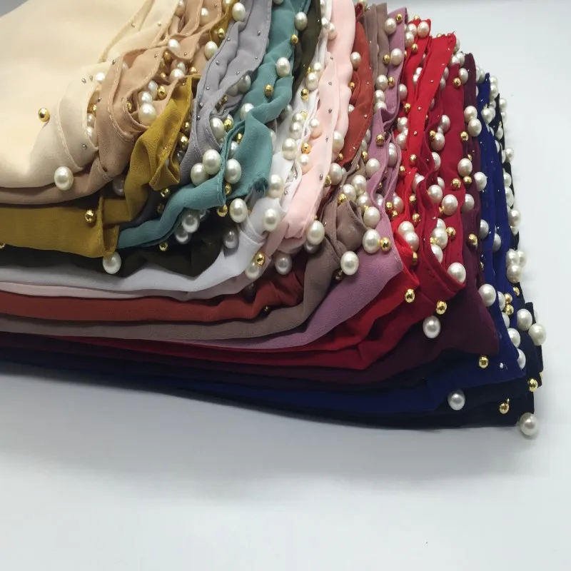 

New arrival bubble chiffon scarf scarves pearls bead women muslim hijab headbands shawls fashion foulard 18 color mulffer