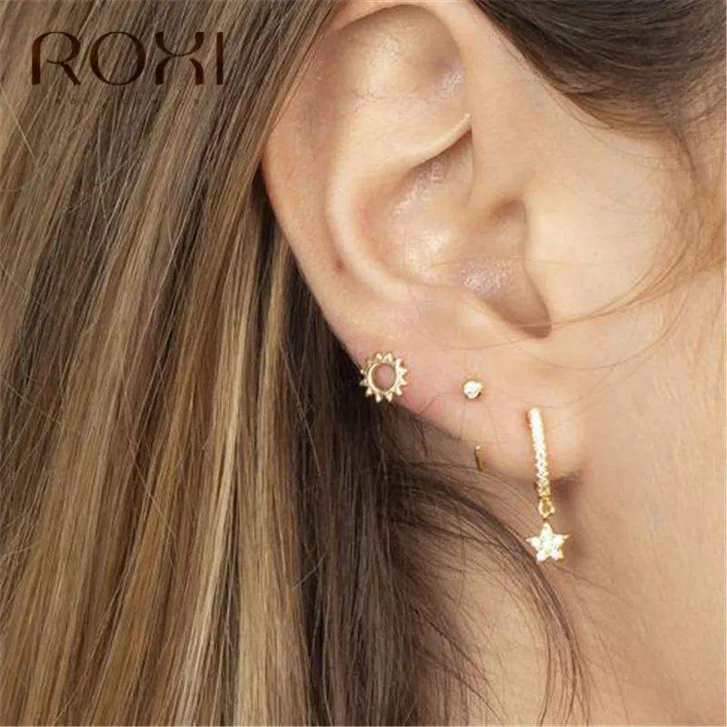 ROXI 925 пробы серебряные геометрические круглые серьги-гвоздики с фианитом для