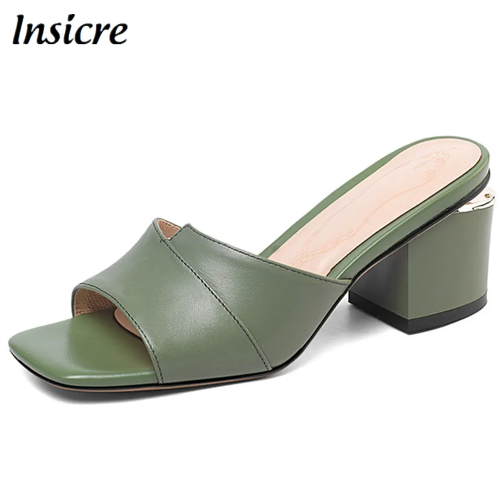 

Insicre Summer Open Toe Women Sandals Shoes Woman Female Genuine Leather Square High Heels Cow Leather Beach Slippers Big Size