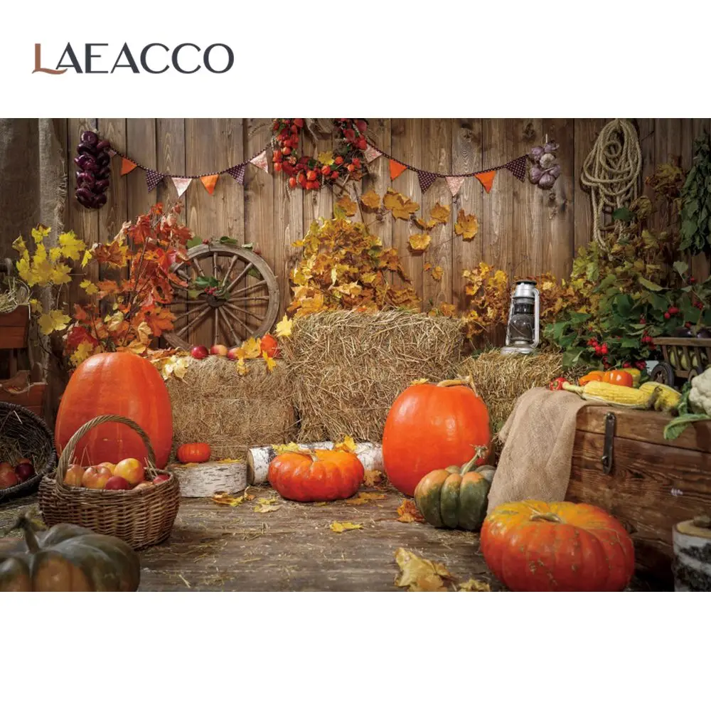 

Laeacco Photo Backdrop Rural Farm Wooden Warehouse Haystack Pumpkin Autumn Maples Baby Newborn Photo Background Photo Studio