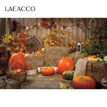 

Laeacco Photo Backdrop Rural Farm Wooden Warehouse Haystack Pumpkin Autumn Maples Baby Newborn Photo Background Photo Studio