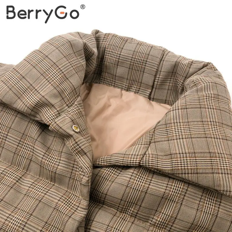 BerryGo Зимняя Толстая теплая клетчатая парка для женщин, повседневные женские парки больших размеров, пальто в винтажном стиле на шнуровке с карманами, женское короткое Стеганое пальто