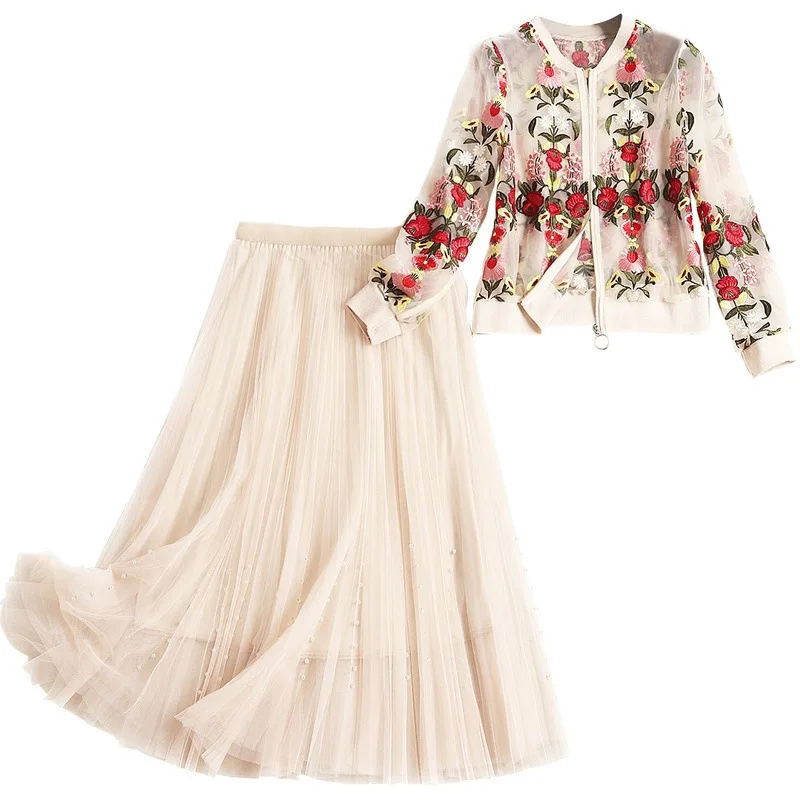 

High Quality Runway 2 Piece Suit Women Floral Embroidery Long Lantern Sleeve Perspective Mesh Top +Luxury Skirt Set