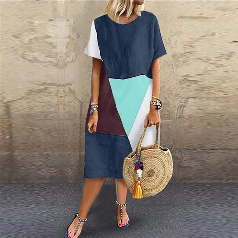 

Women Summer Autumn Dress Plus Size Lady Vintage Bohemian Splicing Short Sleeve O-Neck Maxi Dress Brief Comfy Casual Dress jul