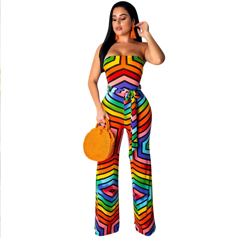 

Summer Nightclub Sexy Tie-up Print Jumpsuit Sheath Strapless Backless Women Playsuits Casual Bodysuits Ladies Party Rompers