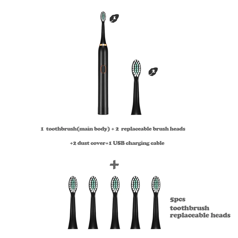 Black plus 5 heads Мощная ультра звуковая электрическая зубная щетка USB перезаряжаемая Водонепроницаемая IPX7 ультра звуковая Автоматическая отбеливающая зубная щетка - Цвет: Black plus 5 heads