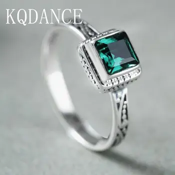 

925 sterling silver Ring with Created Square Gemstone Emerald Green Crystal Stone vintage thai silver Rings Fine Jewelry