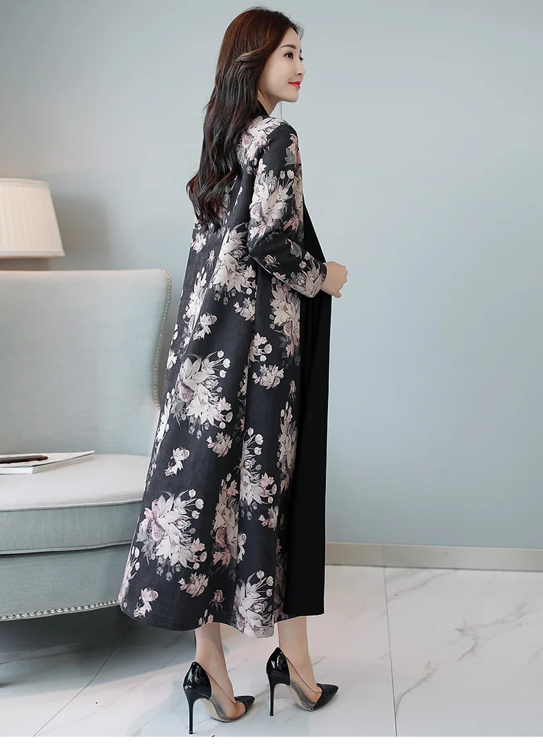 Spring And Autumn Korean-style Women's Elegant Plaid Stripes Printed Slimming over-the-Knee Long Trench Coat Elegant Large