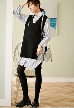 

Women Dress Two-piece Loose-knit Dress Patchwork Shirt Dress Long-sleeved 2020 Early Spring Striped Dress