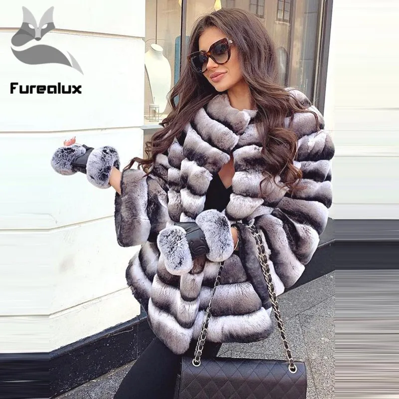Furealux высокое качество теплое толстое меховое пальто Новинка роскошный зимний мех женская натуральная куртка с мехом кролика рекс с меховым воротником