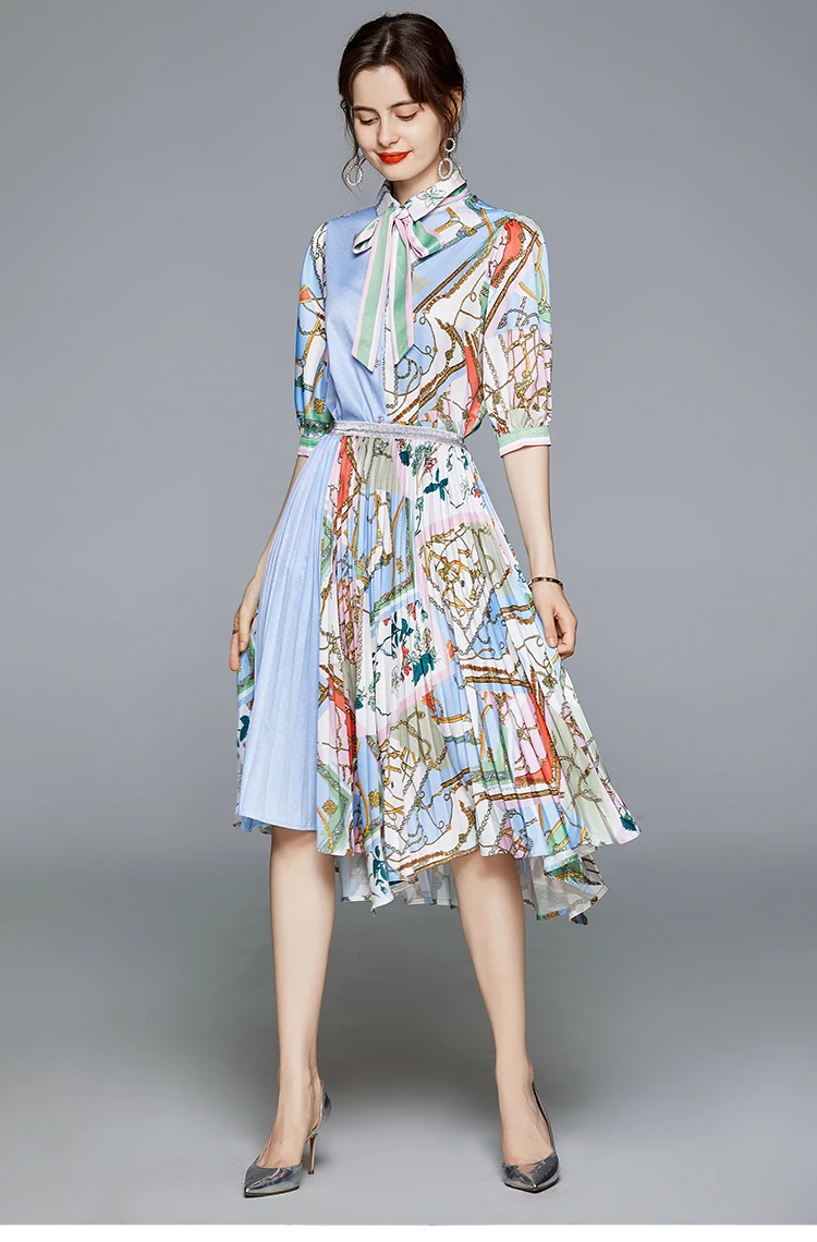 Runway Skirt 2 Piece Set Women Bow Tie Sashes Half Sleeve Floral Blouse Shirts and Irregular Pleated Skirt Women Clothing Set