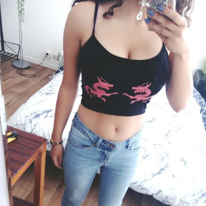 Women Cropped Dragon Print Cami Summer Sexy Black Spaghetti Strap Backless Crop Top 2018 Streetwear Bralet Tops Women