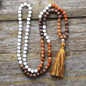 108 Beads Necklace 8MM Semi Precious Stones Metal Charm Long Tassel Mala Necklace Women Lariat Necklace Gift Yoga Necklace