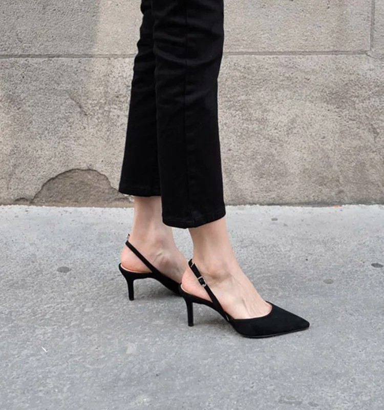 Pointy toe shallow office ladies pumps back strap buckle black flock thin high heels fashion summer comfy dress woman shoes 2020 | Обувь