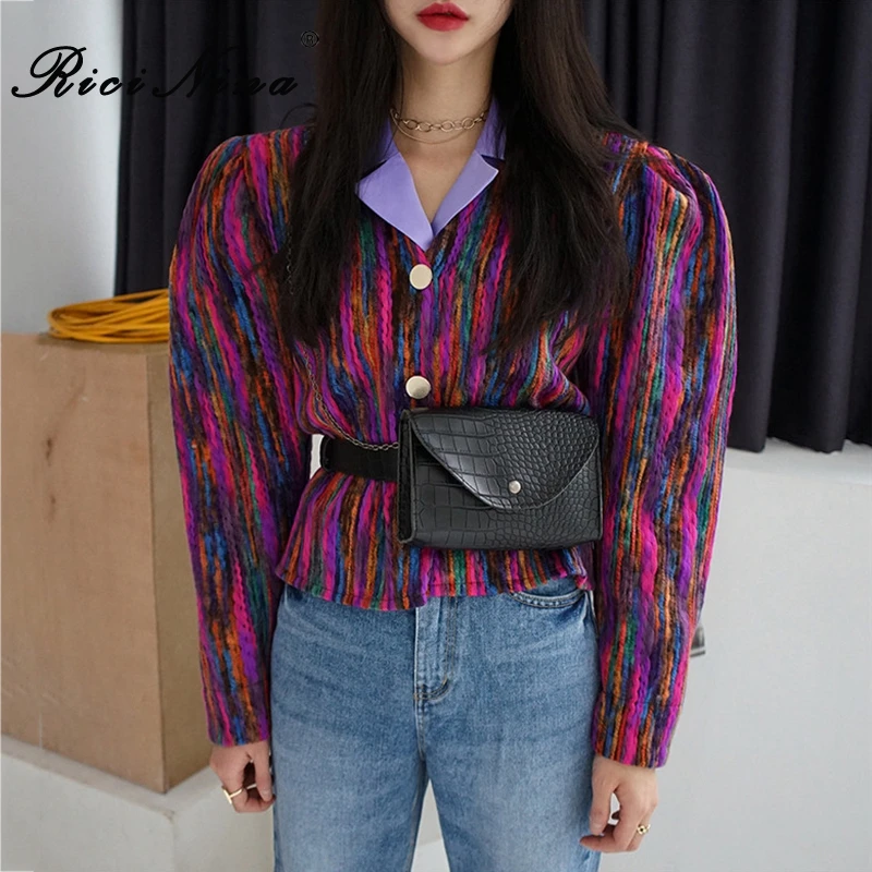 RICININA, Harajuku, пальто, женская куртка,, длинный рукав, пуговицы, радужная полоска, короткие пальто, женская куртка-бомбер, верхняя одежда, весна