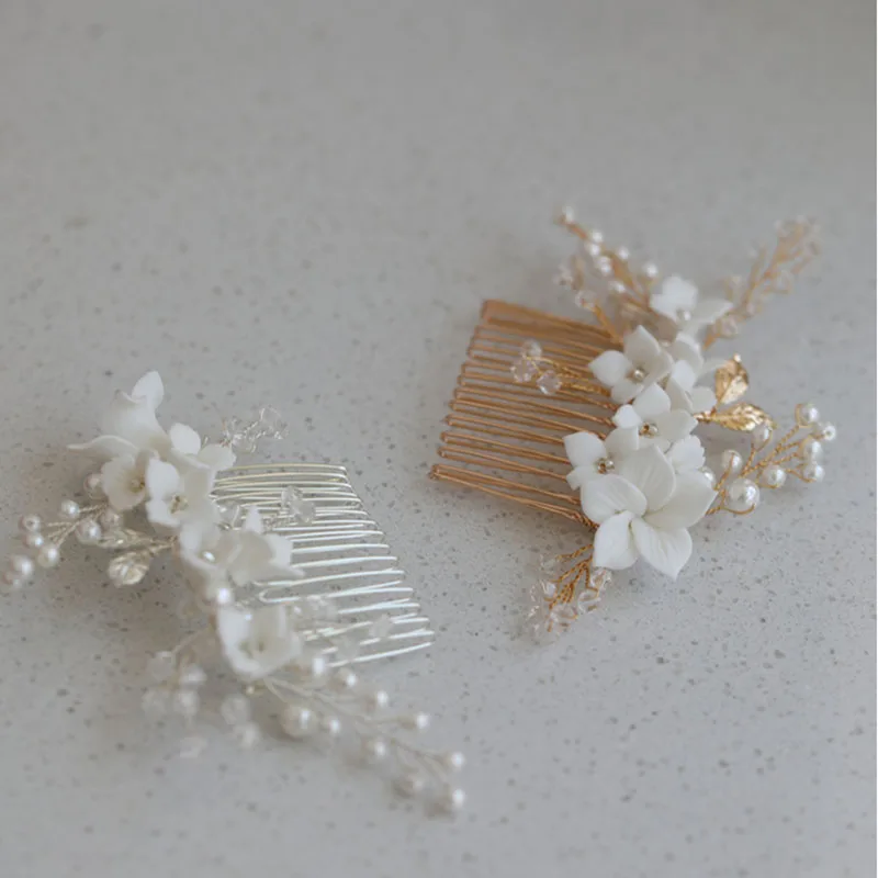 Floralbride Handmade Wired Alloy Ceram Flower Pearl Bridal Hair Comb Wedding Headdress Hair AccessoriesBridesmaids Women Jewelry