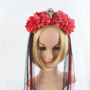 

Red and black Halloween Party Headdress Simulate Flower Skull Headband for Women Handmade Hair Hoop Hair Accessories