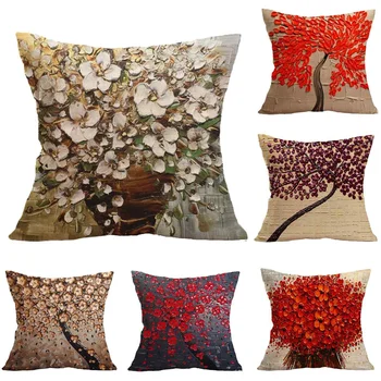 

Hot 3D Oil Tree Painting Pillowcase Decor Cotton Linen Soft Square Sofa Chair Cushion Replacement Cover Clearance 45x45cm