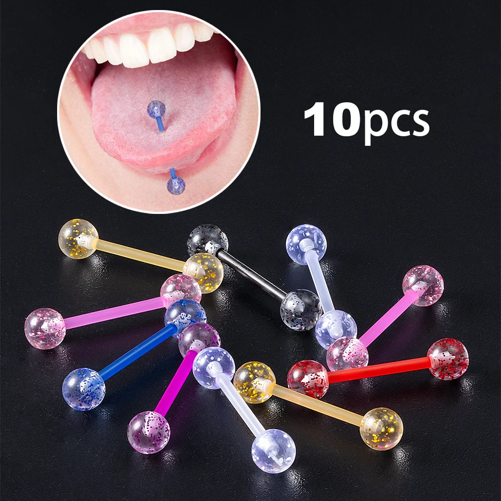 10Pcs Stainless Nipple Tongue Ring Bar Barbell Acrylic Ball Body Piercing 