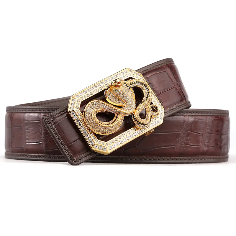 McParko Crocodile Belt Mens Leather Belts With Buckle Luxury Animal Design Genuine Leather Waist Belt with rhinestones Buckle - Цвет: cobra brown