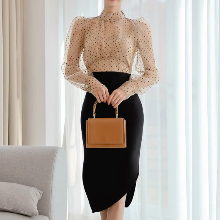 

WOMEN'S Dress New Style Two-Piece Set Elegant Slim Fit Polka Dot Shirt Tops Waist Hugging Slit Skirt WOMEN'S Suit