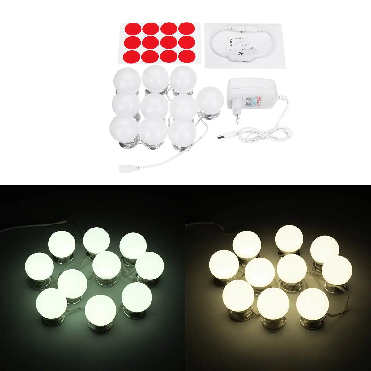 

10pcs Dimmable Makeup Mirror Vanity LED Light Bulbs Decorative Lamp For Dressing Table with EU Power Supply Adapter