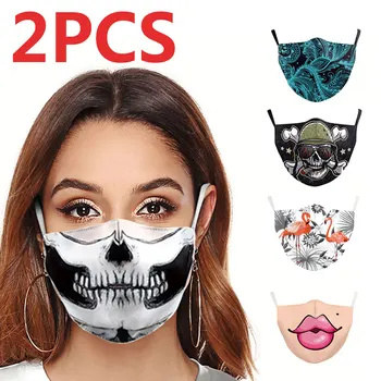 

2PC Spoof Terror Skull Cool Mounting Ear Face Mask Funny Mouth Pattern Unisex Anti Dust Winter Warm Riding Dust-proof Mouth Mask