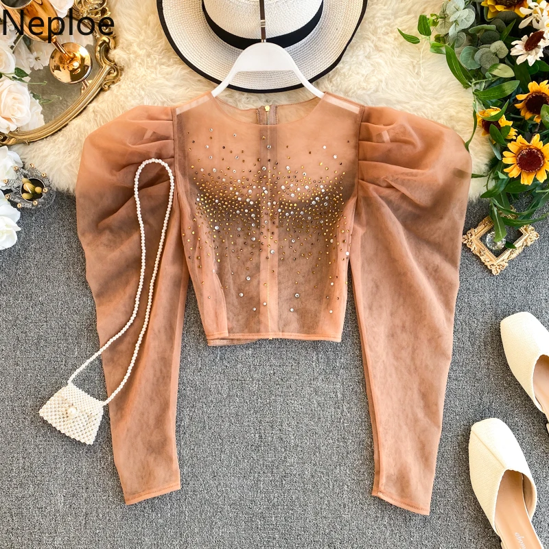 

Neploe Retro Diamonds Top Blusas Women Short Mesh Shirt 2020 Autumn Zipper Pleated Puff Long Sleeve O-neck Korean Blouses 56840
