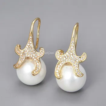 

GG Jewelry 14mm white sea shell Pearl starfish Cz pave Hook Earrings