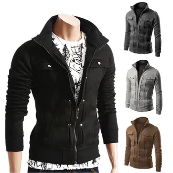 

Men Autumn Winter Cotton Blend Stand Collar Solid Color Stand Collar Sweatshirt Buttons Decor Zipper Coat men jacket
