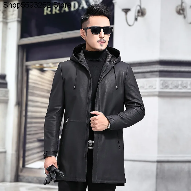 

Haining Genuine Leather Leather Coat Male Head Layer Cowhide Medium Length Money Lian Hat Leather Windbreaker Autumn Thin