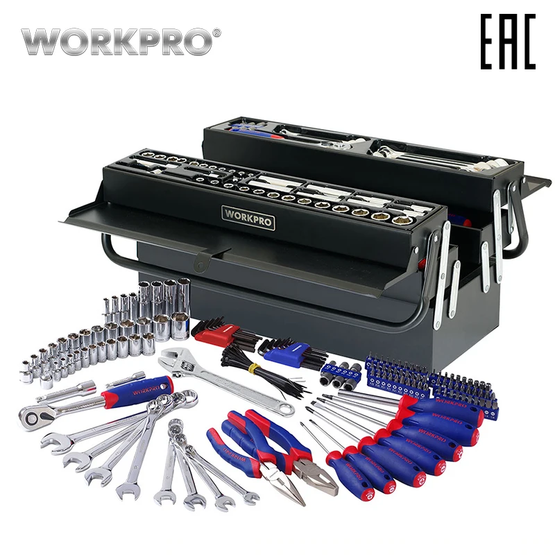Набор инструментов для дома WORKPRO W009038AE 138шт металлический инструментальный ящик toolbox ремкомплект отвёртки пассатижи
