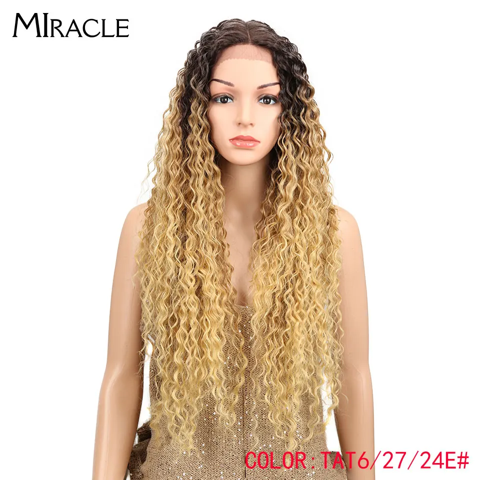 

Miracle Heat Resistant Synthetic Wigs For Black Women Kinky Curly 30" Ombre Wig Honey Blonde Natural Lace Front Wig Middle Part