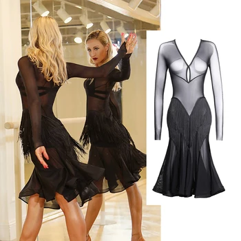 

New Long Leeve Latin Dance Dress Sexy Tassel Charleston Dress Women Competition Dress Ballroom Cha Cha Rumba Costumes DWY2385