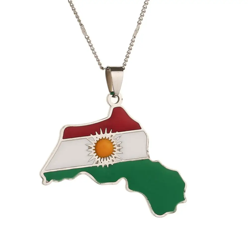 Stainless Steel Trendy Kurdistan Map Pendant Necklace Kurdish Flag Charm Jewelry for Women