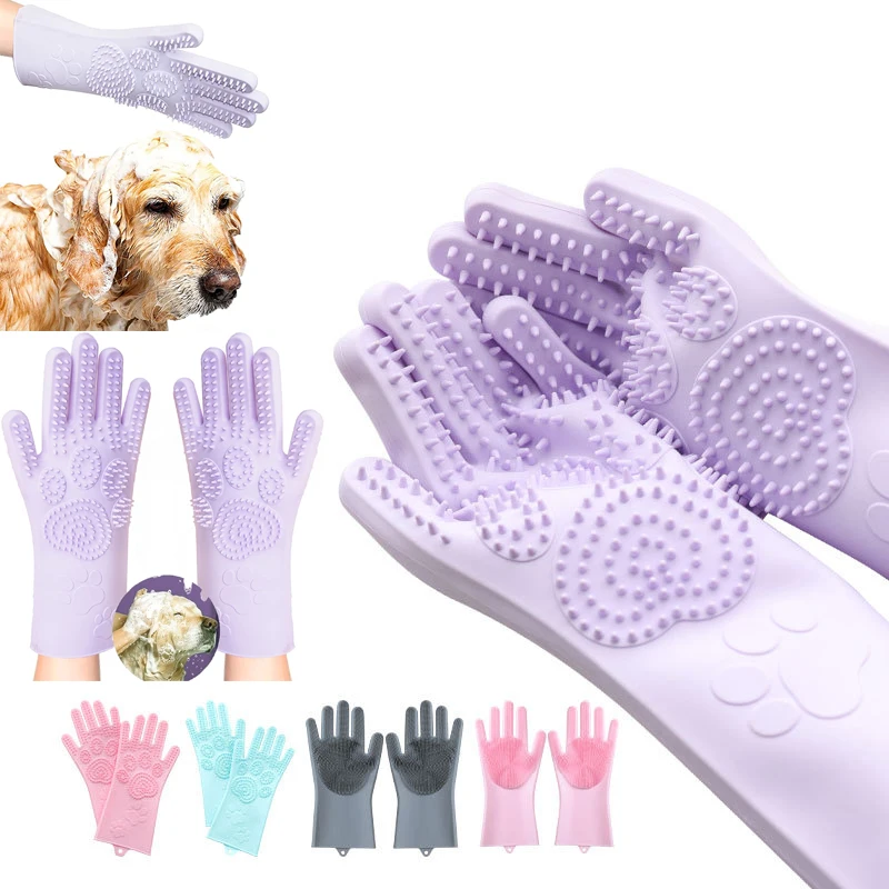 Pet Grooming Gloves Long Washing Glove Scrubber for Bathing Shedding